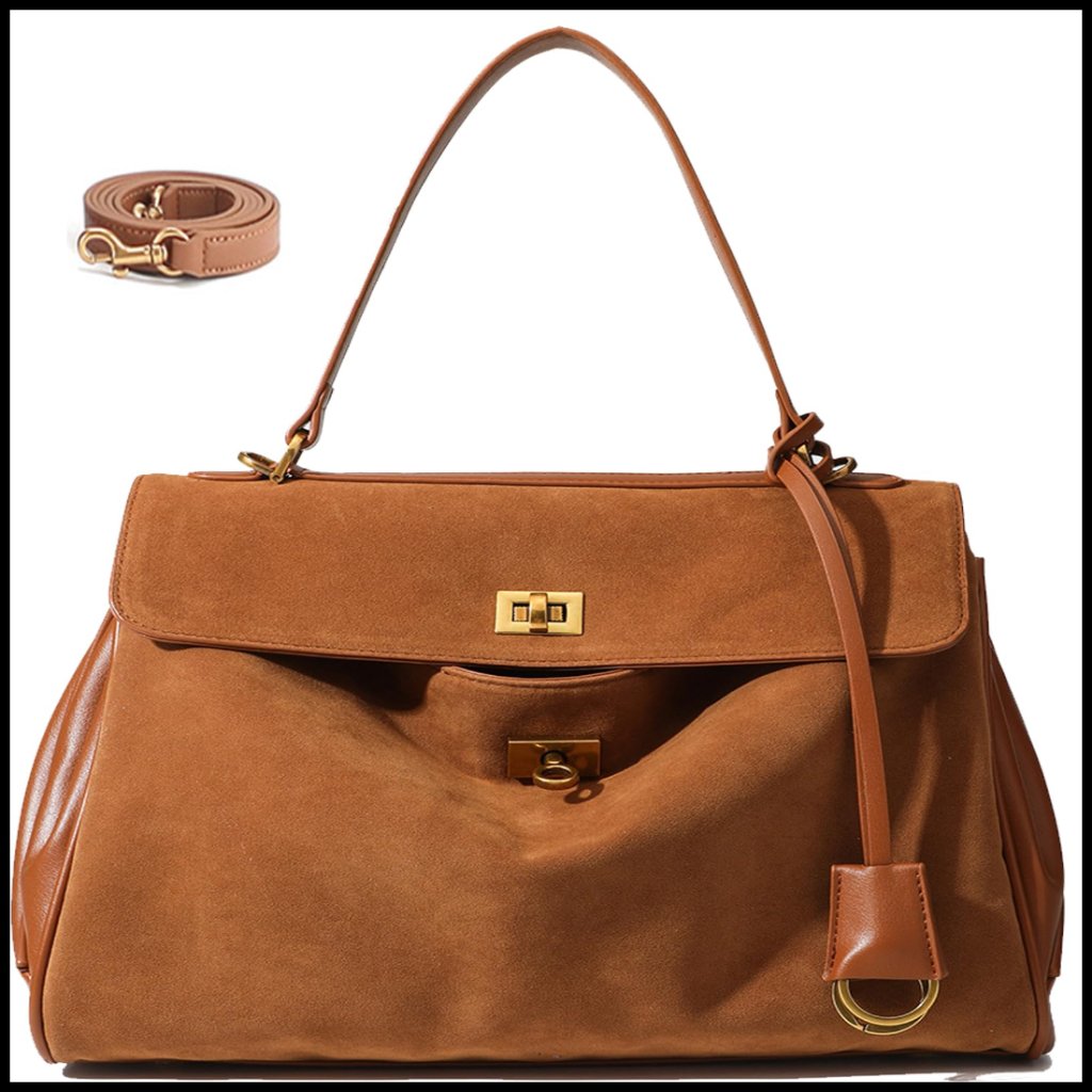 Slouchy Hobo Tote Bag Faux Suede Genuine Cowhide Structured Spacious Elegant